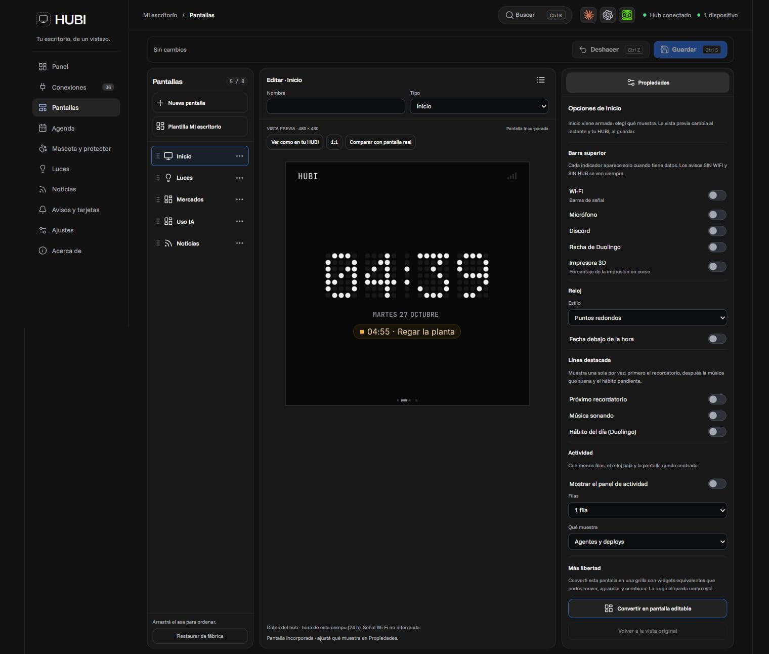 Public HUBI screen editor with a device preview and editing controls