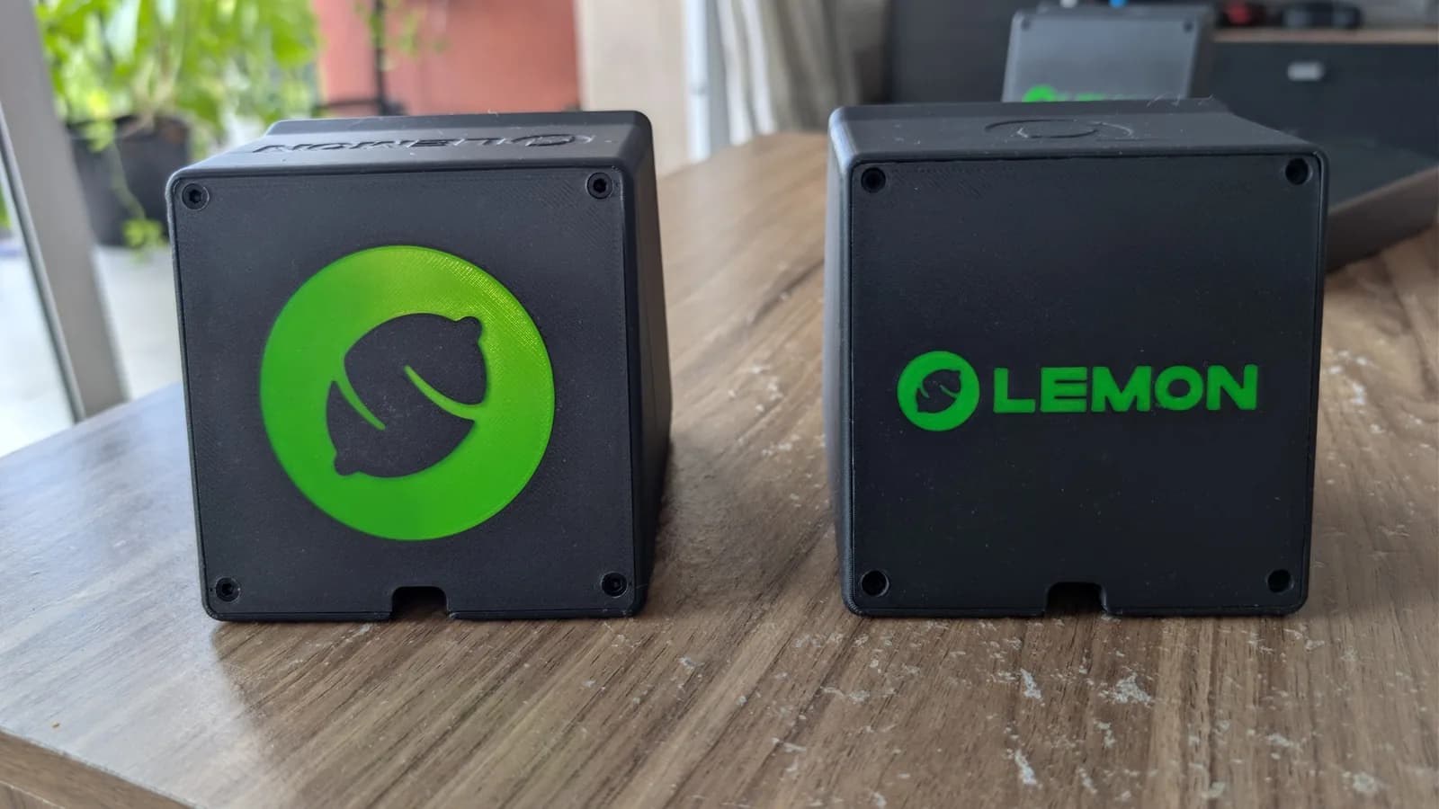 Two finished black enclosure panels with green Lemon branding