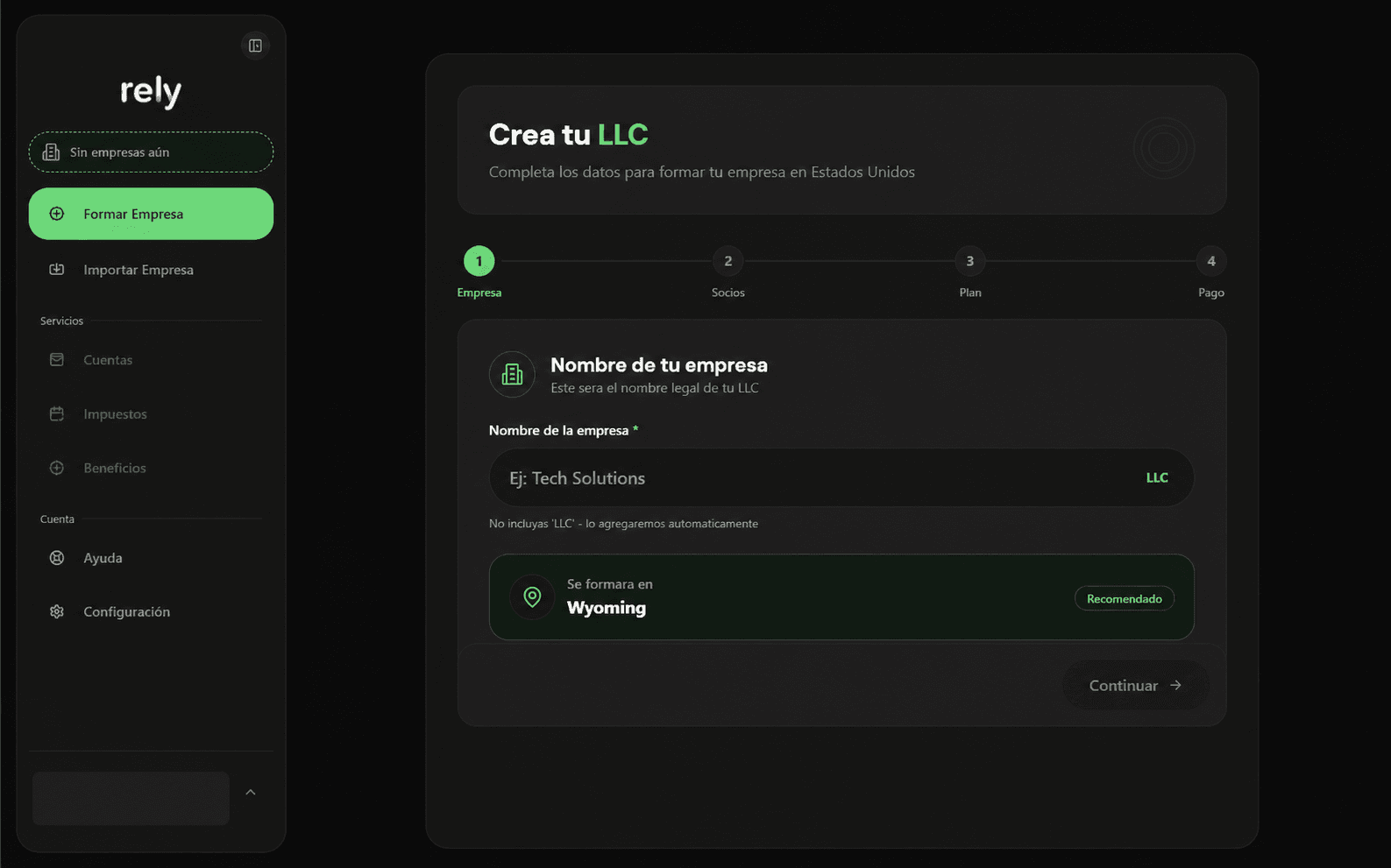 Rely company formation dashboard with personal details removed