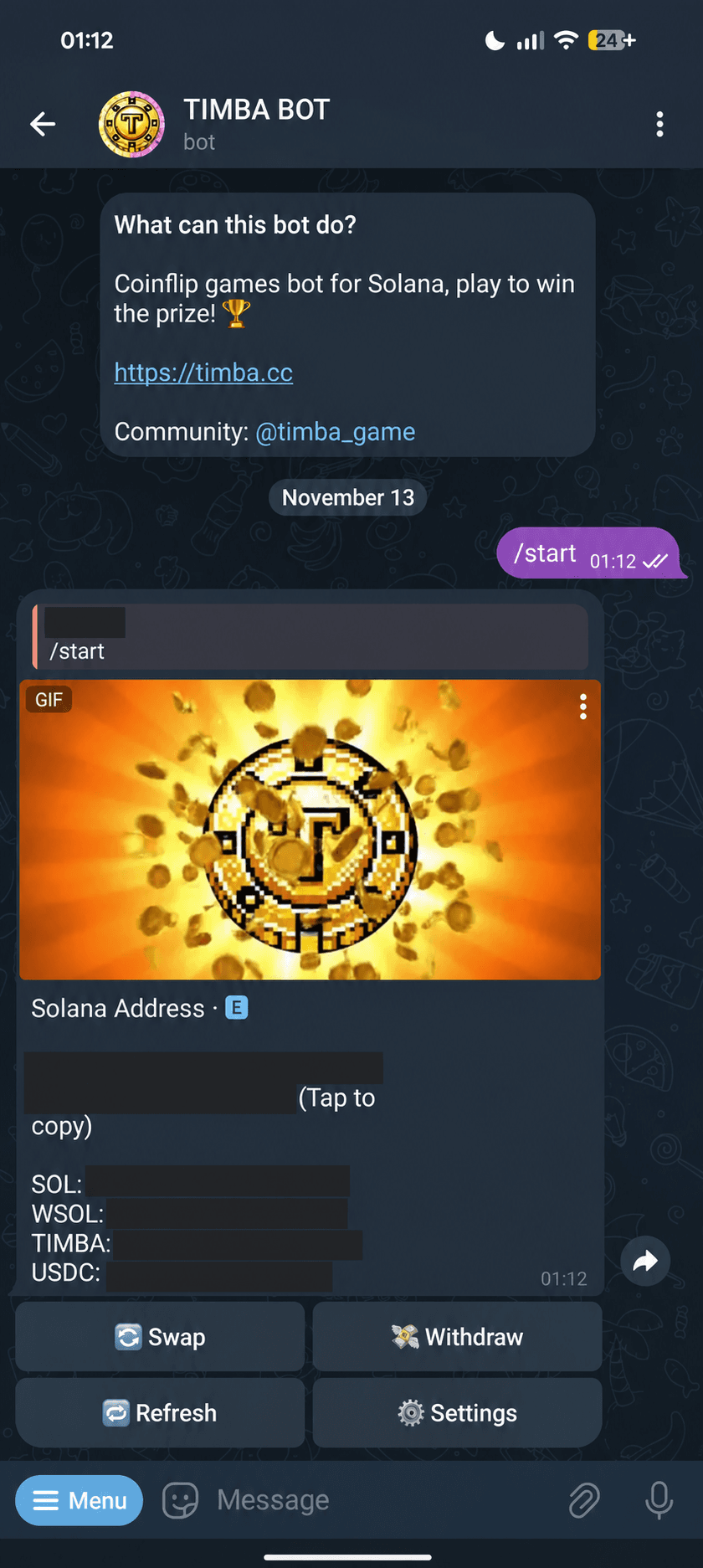 Timba bot wallet interface with account details removed
