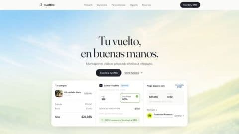 Vueltito product landing screen explaining purchase round-ups